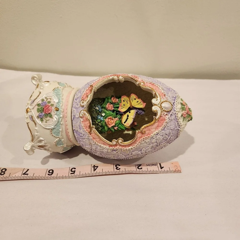 Vintage Victorian Butterfly Lavender Pedestal Egg Music Box  8in.
